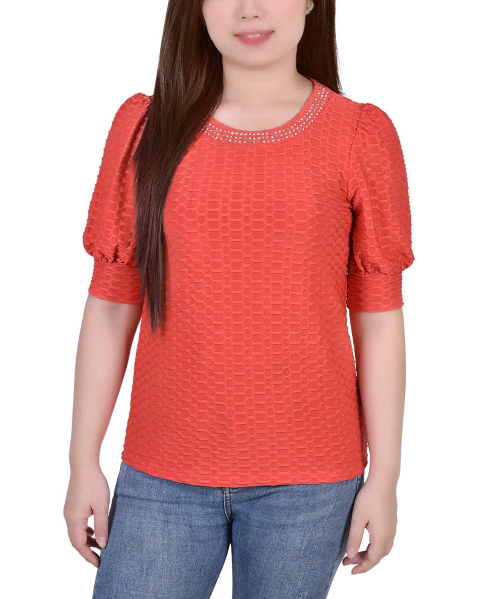 NY Collection Womens Short Puff Sleeve Honeycomb Top