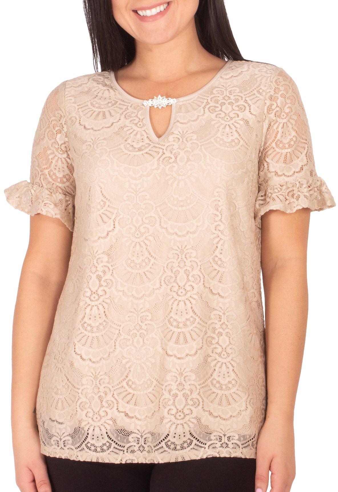 NY Collection Womens Ruffle Sleeve Lace Keyhole Top