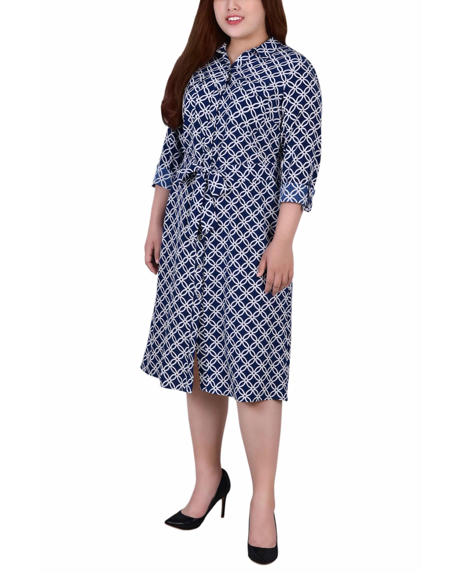 NY Collection Plus 3/4 Roll Tab Sleeve Belted Shirtdress
