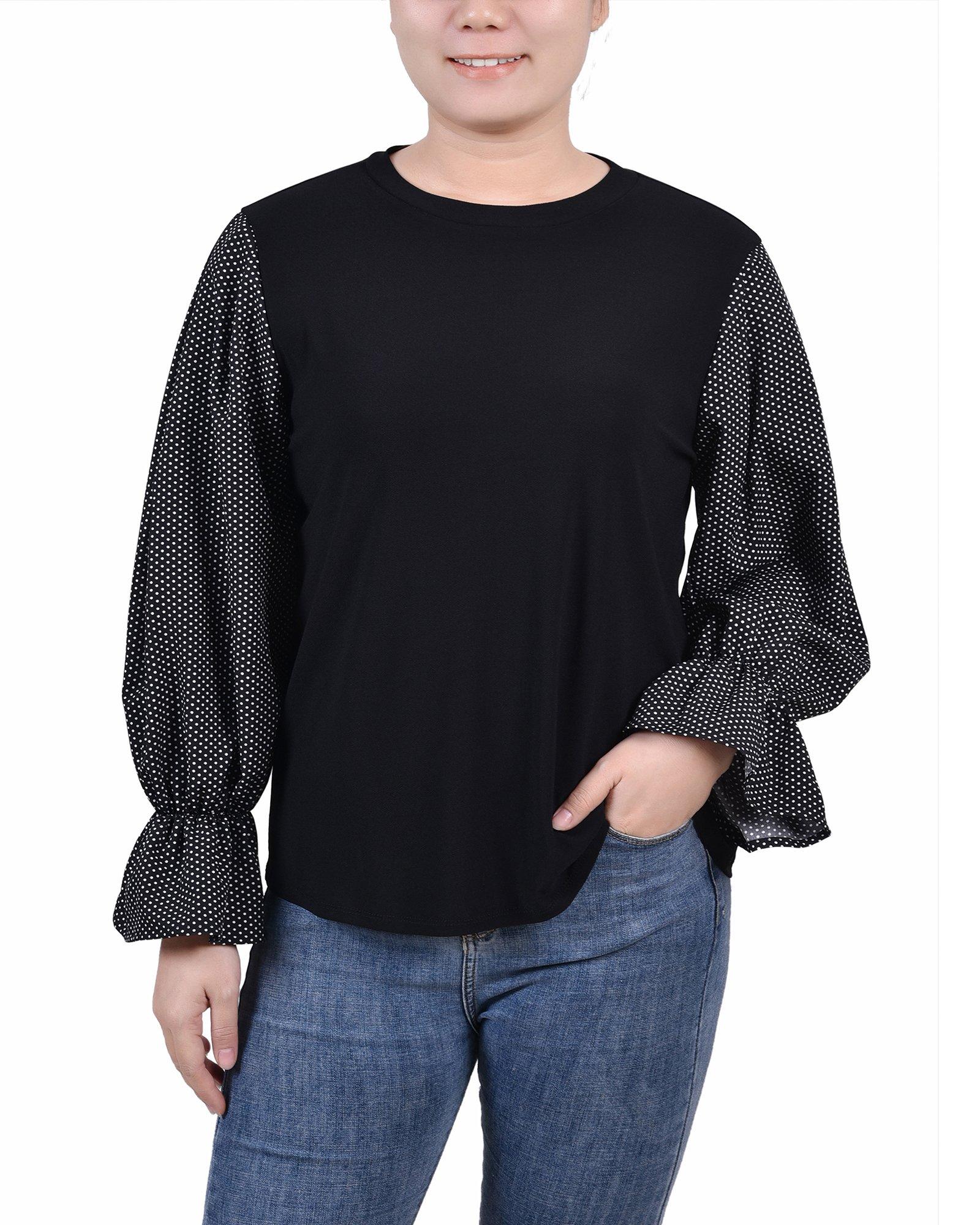 NY Collection Petite Long Sleeve Top With Printed Sleeves