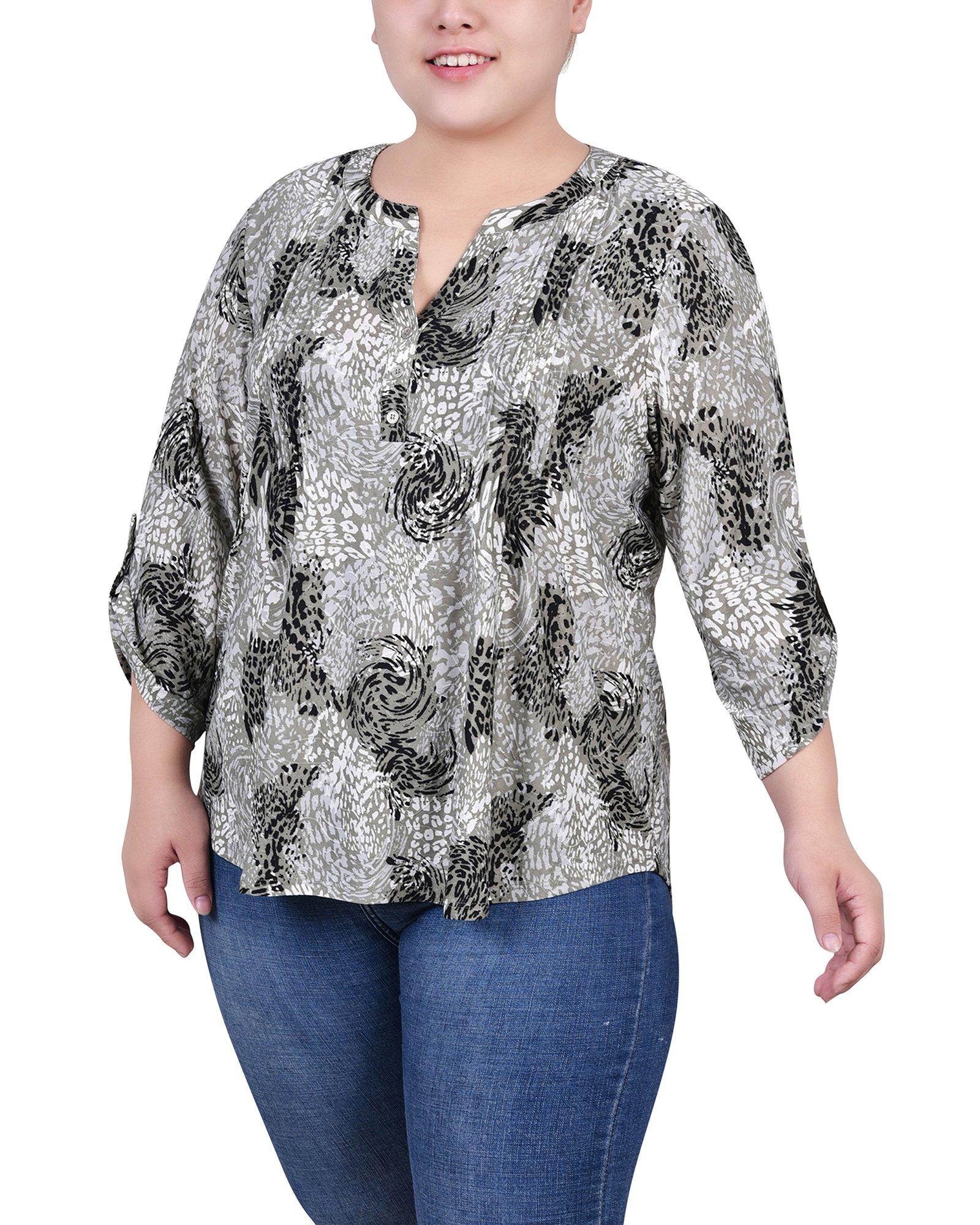 NY Collection Plus Size 3/4 Roll Tab Sleeve Y Neck Top