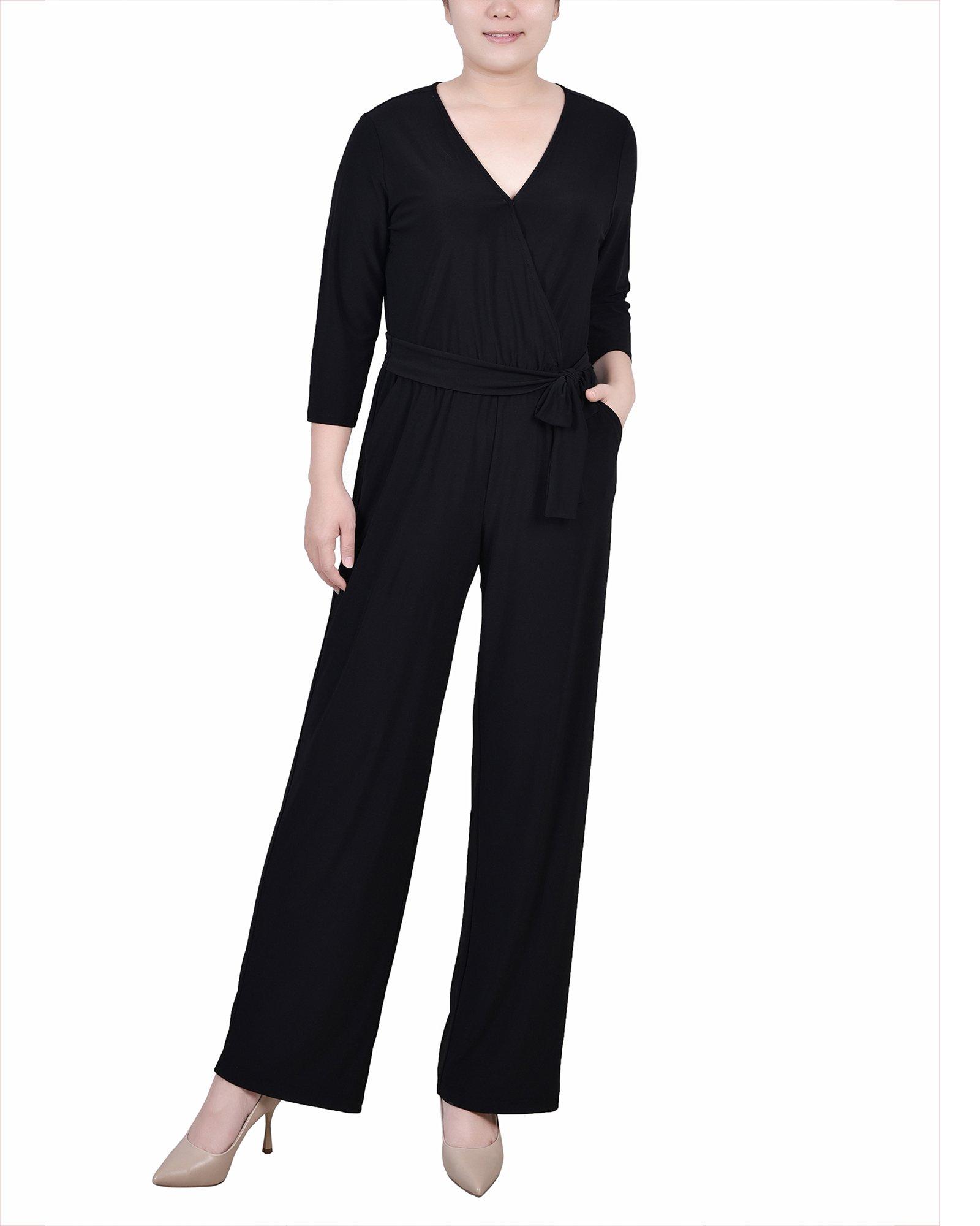 NY Collection Womens Petite 3/4 Sleeve Belted Jumpsuit