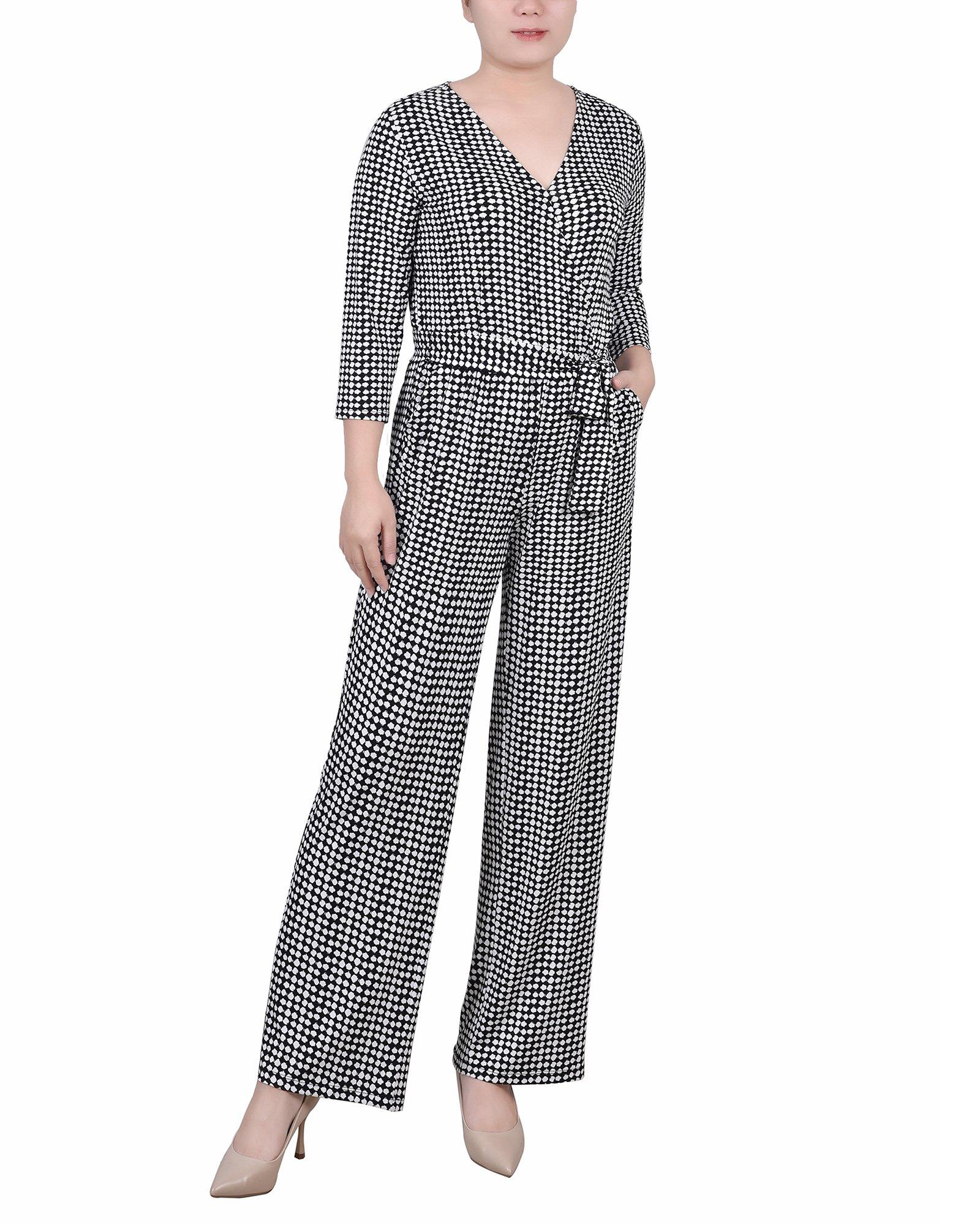 NY Collection Womens Petite 3/4 Sleeve Belted Jumpsuit