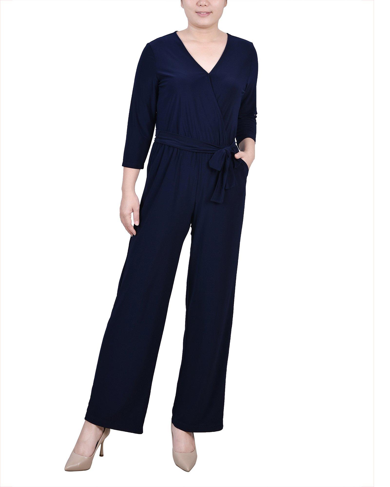 NY Collection Womens Petite 3/4 Sleeve Belted Jumpsuit