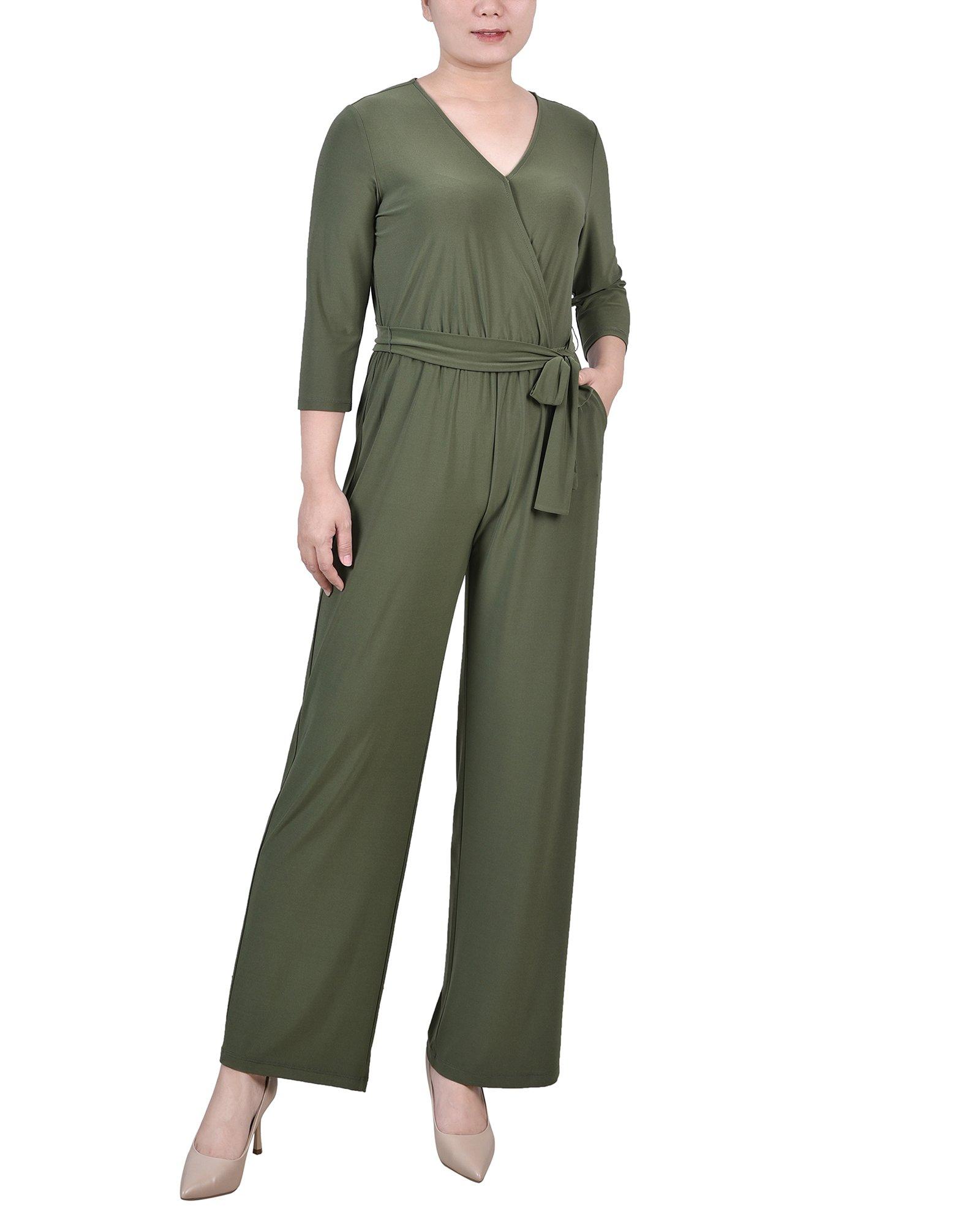 NY Collection Womens Petite 3/4 Sleeve Belted Jumpsuit