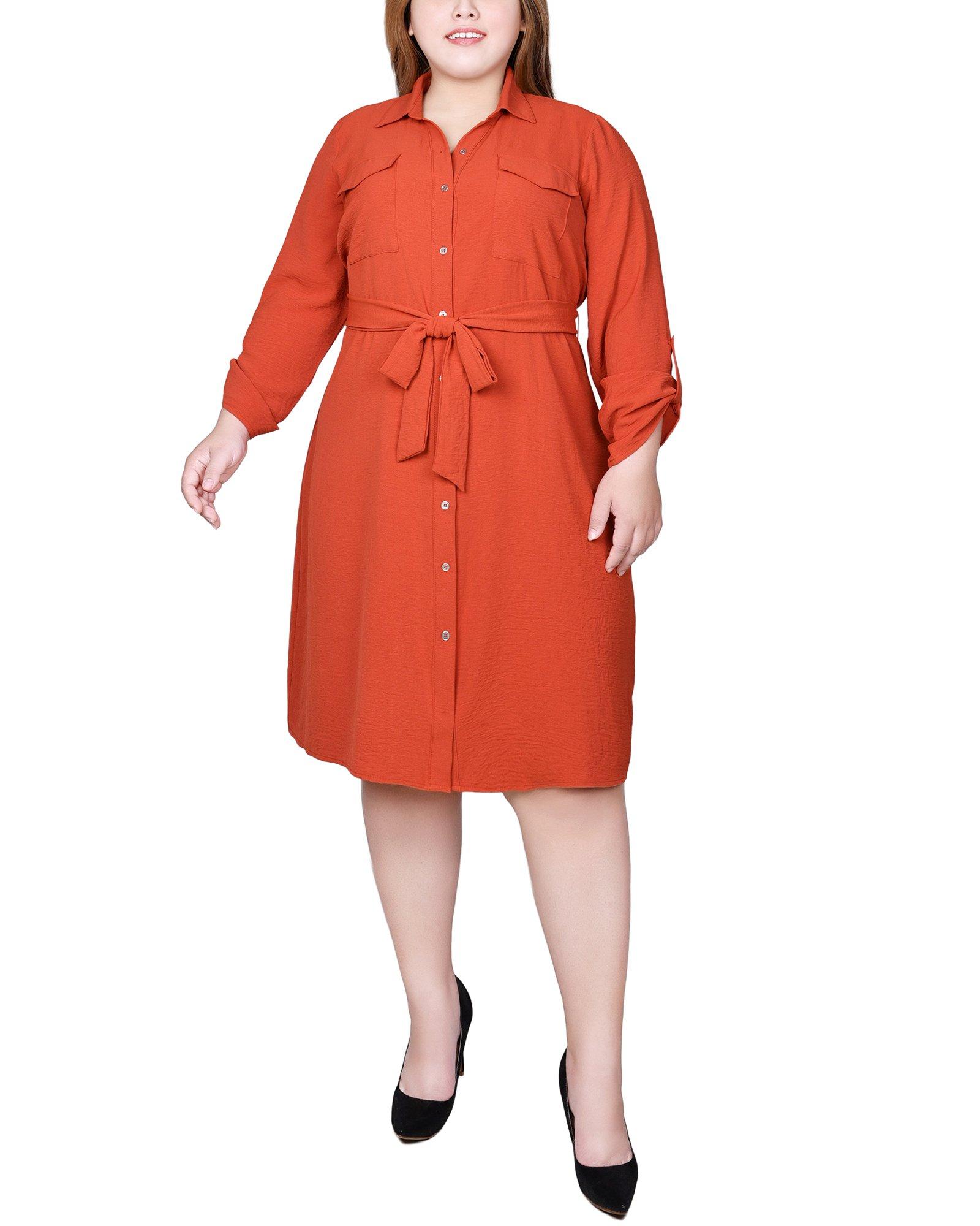 NY Collection Plus Long Roll Tab Sleeve Shirtdress