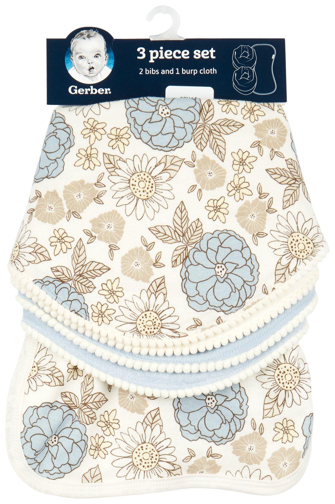 Gerber Baby 3 Pk Floral Print Bibs & Burp Cloth