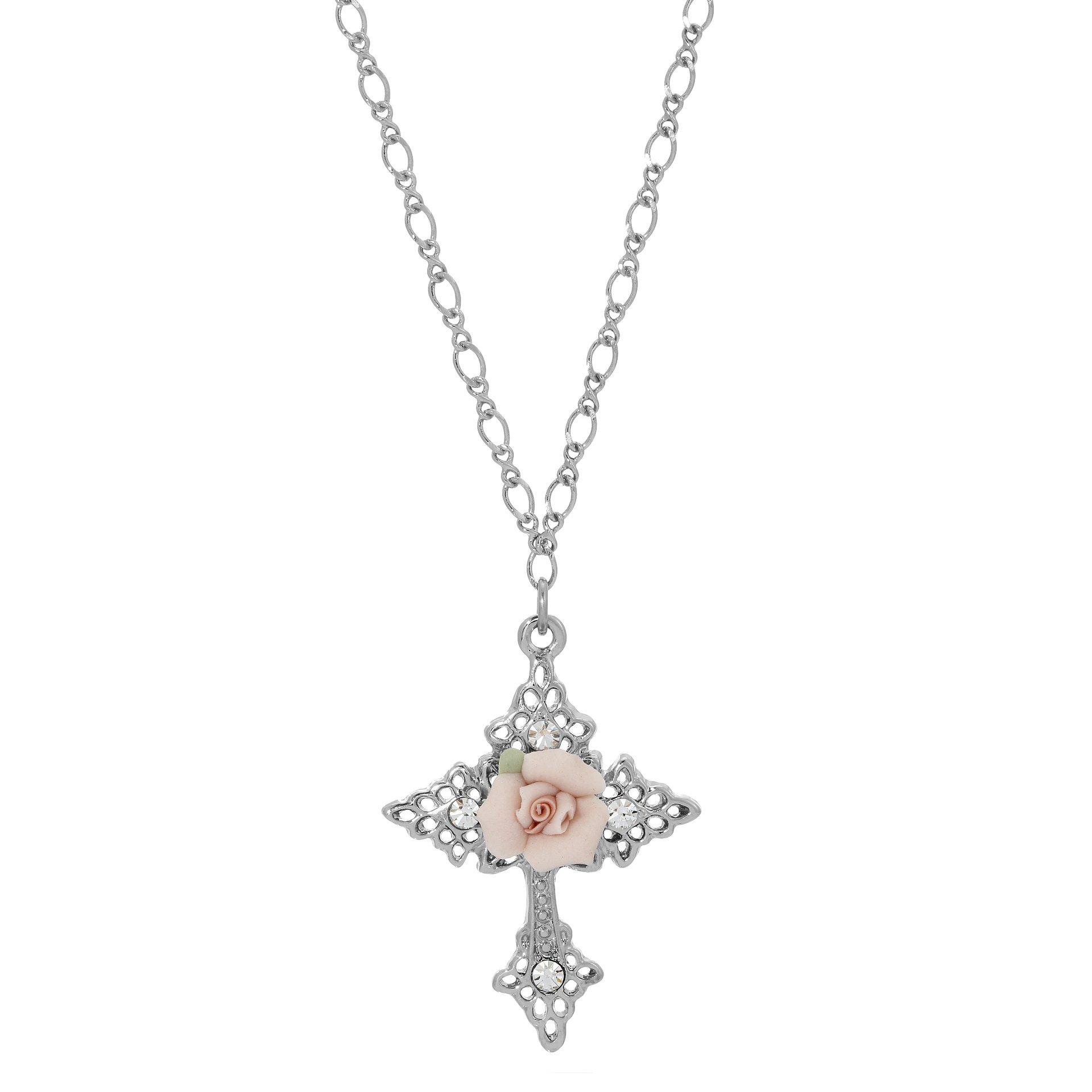 Crystal Porcelain Rose Cross Necklace