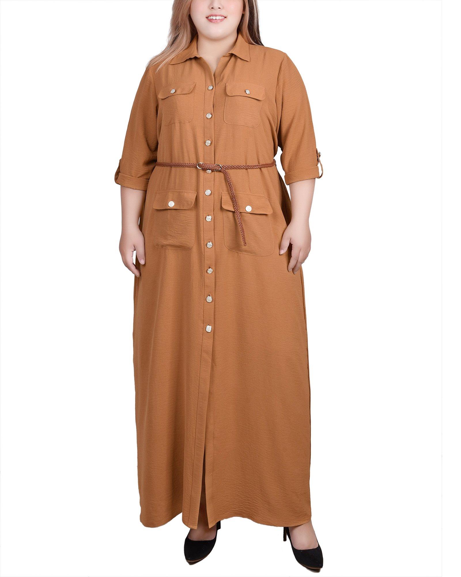 NY Collection Womens 3/4 Sleeve Safari Belted Shirtdress