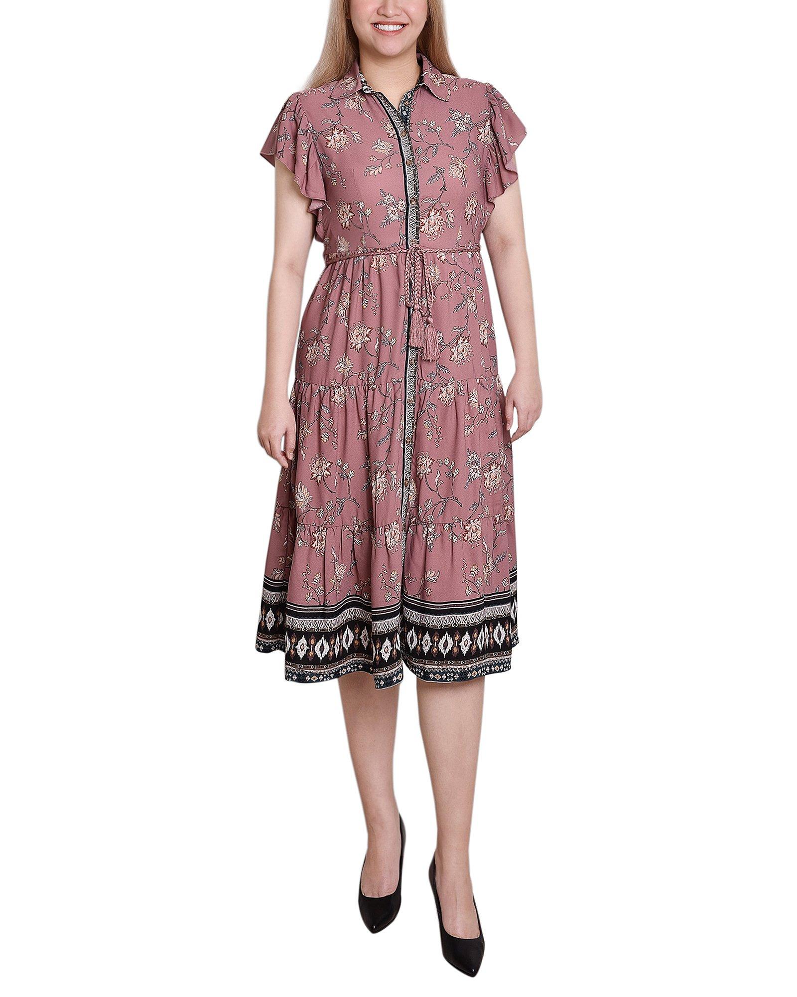 NY Collection Womens Tiered Border Ruffle Sleeve Dress