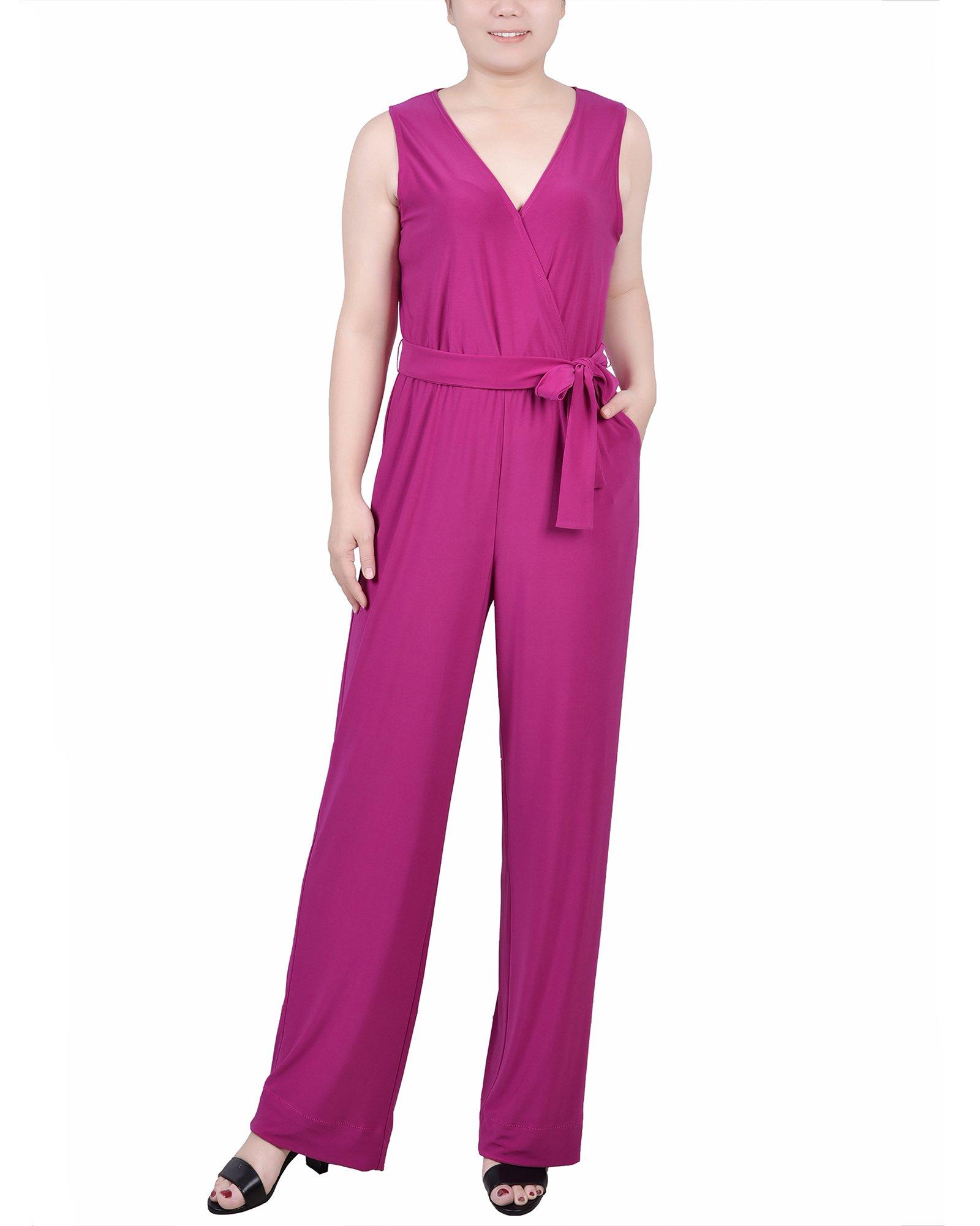 NY Collection Womens Sleeveless Belted Jumpsuit