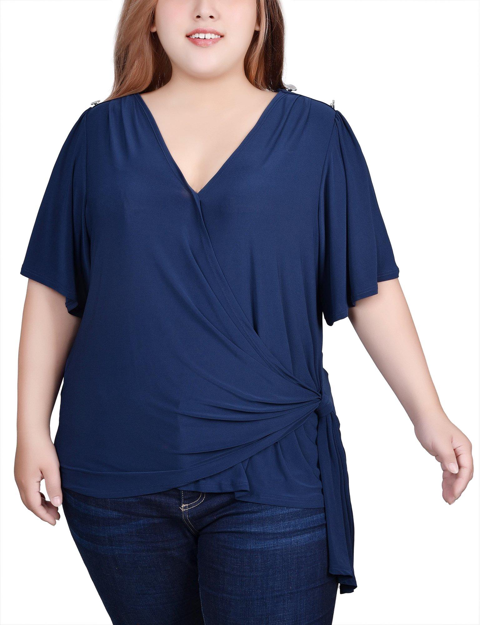 NY Collection Womens Short Sleeve Wrap Top