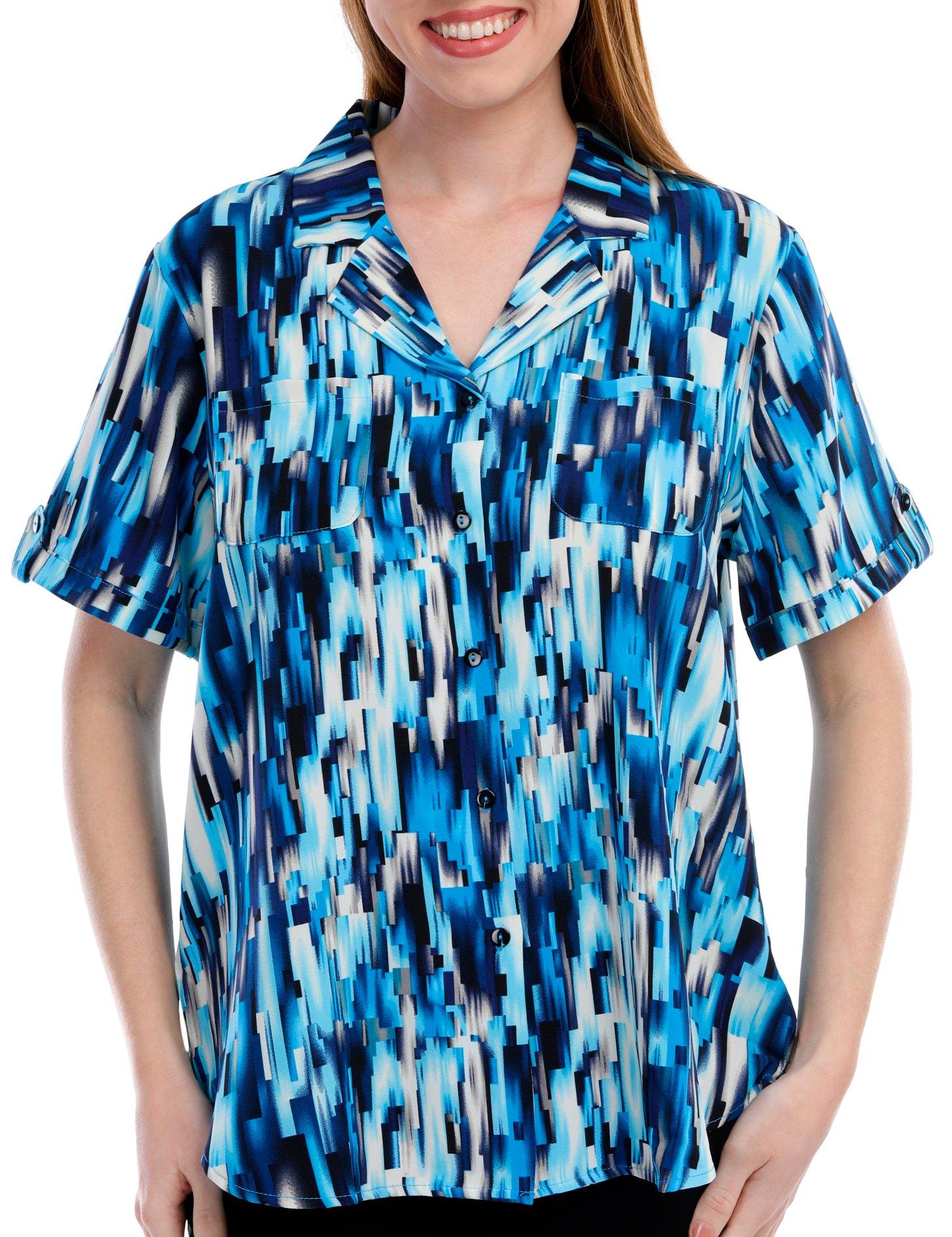 Notations Women's Short Sleeve Silky Button Down Top