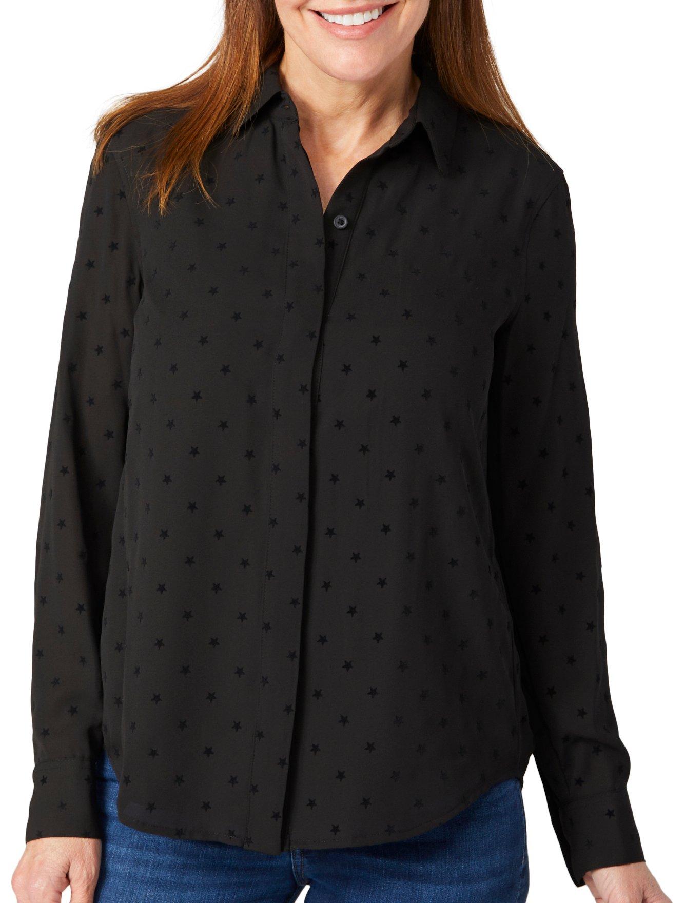 DKNY Womens Long Sleeve Button Through Star Pattern Top