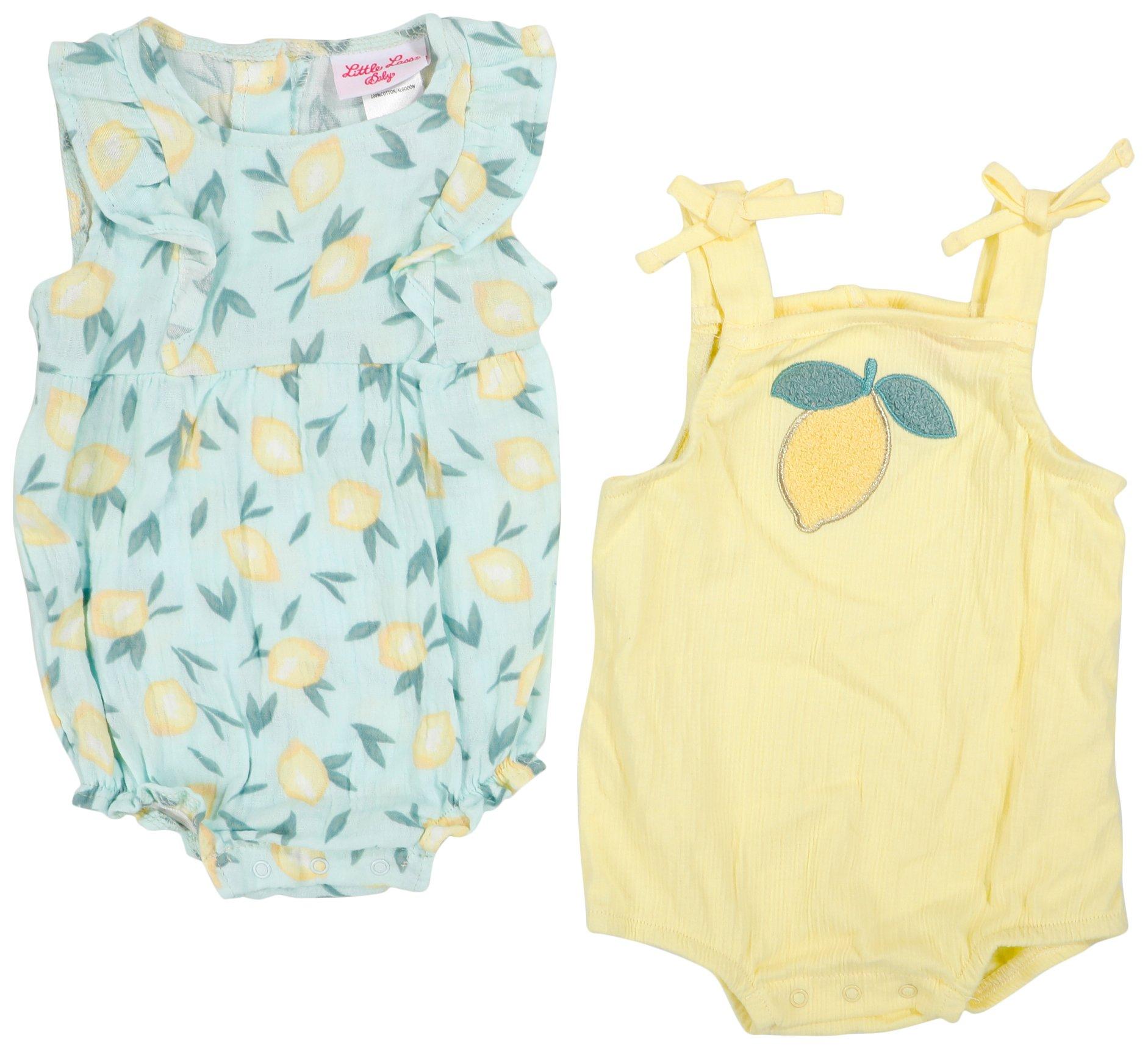 Little Lass Baby Girls 2Pk Gauze Bubble Lemons Rompers