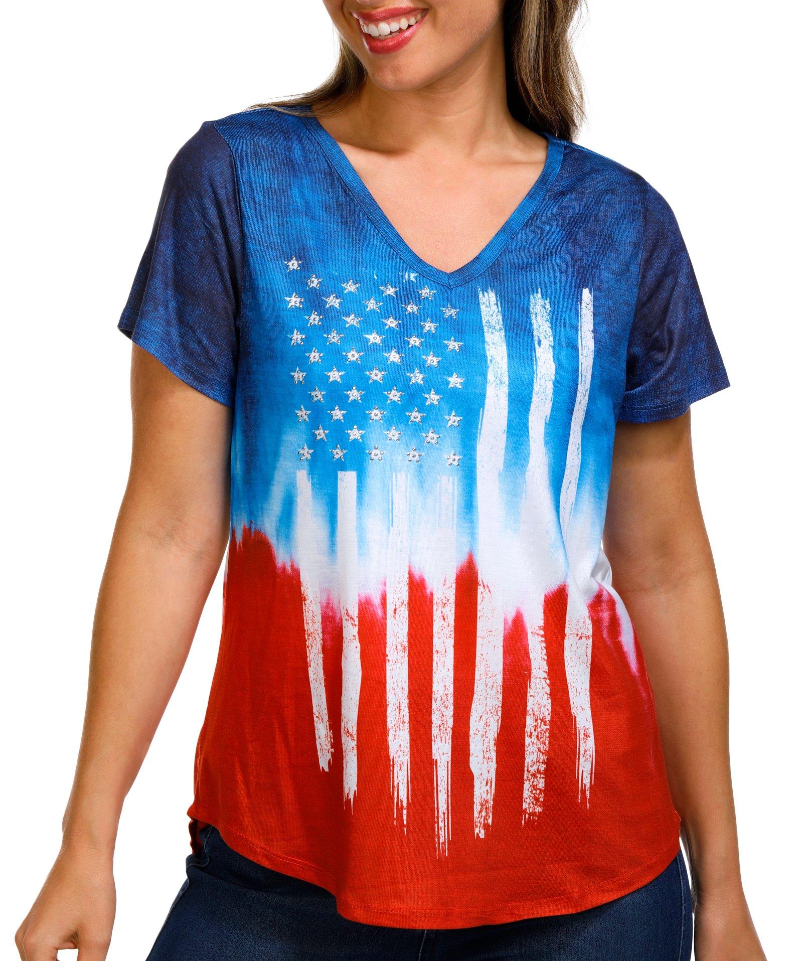 OneWorld Womens Embellished Printed Short Sleeve Top