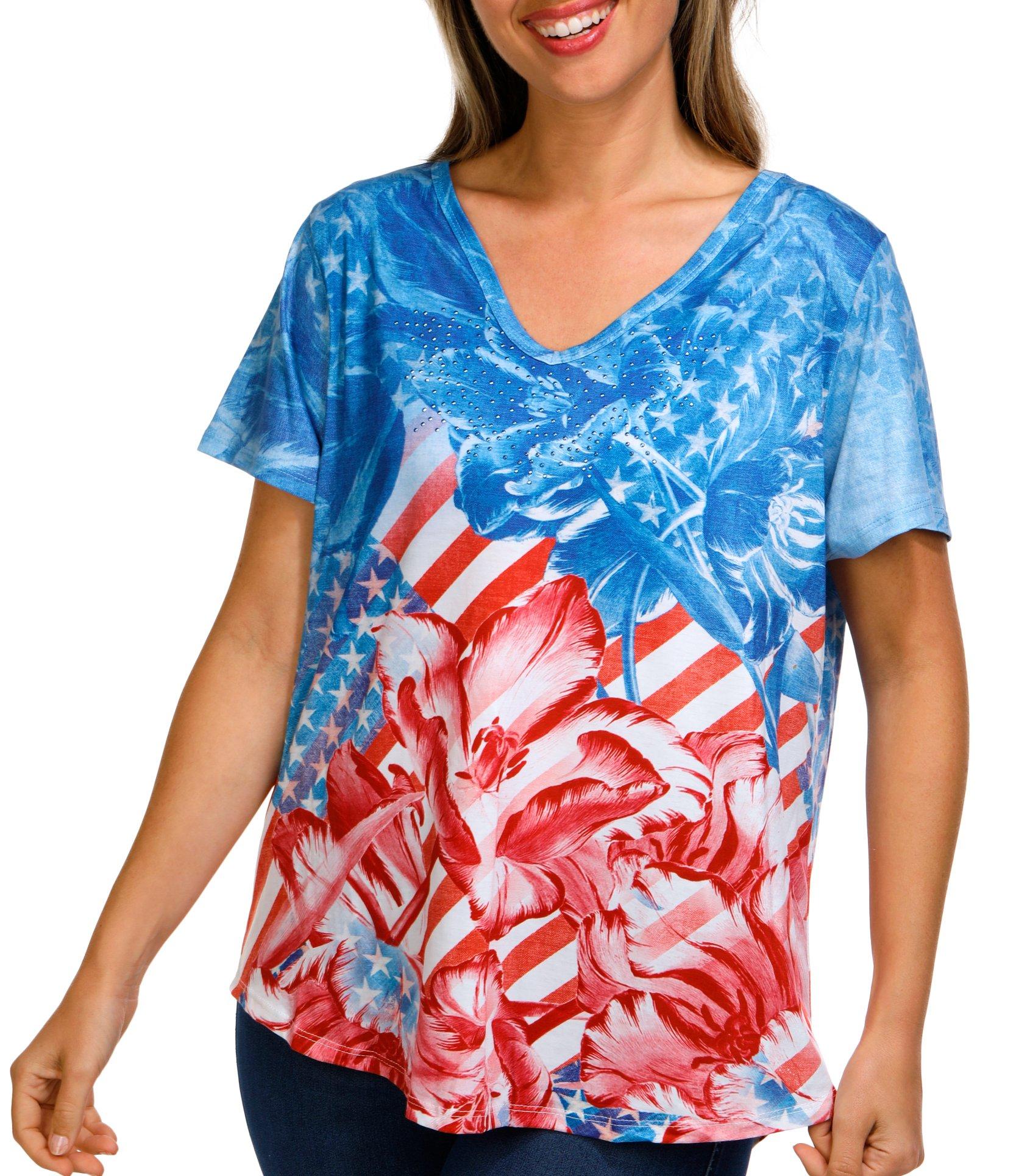 OneWorld Womens Embellished Printed Short Sleeve Top