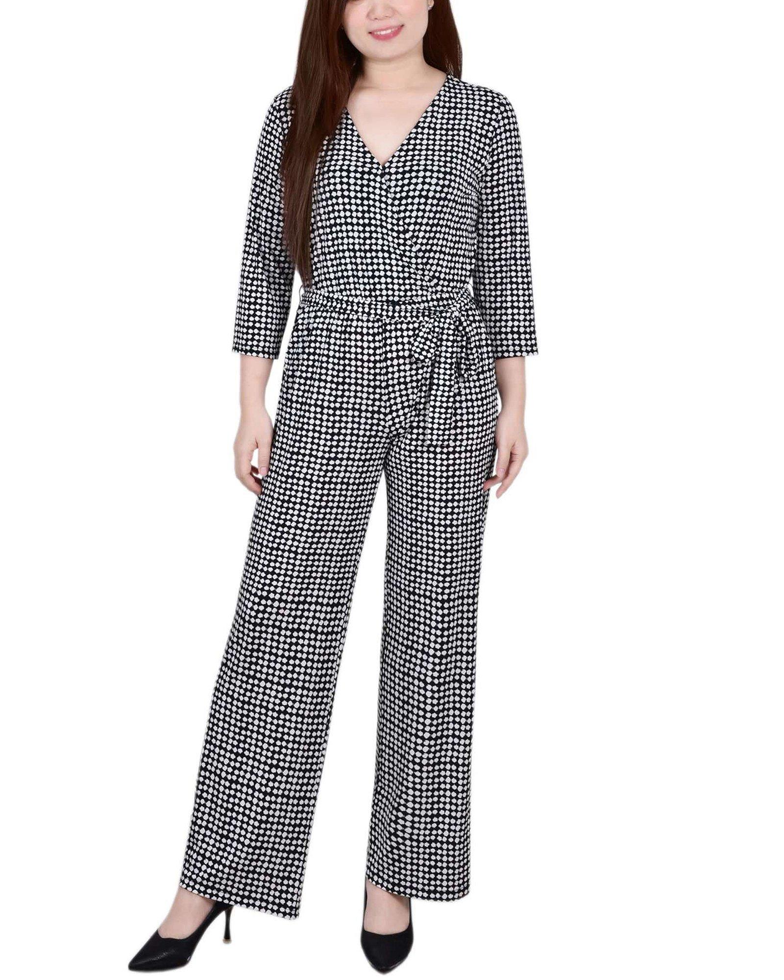 NY Collection Womens Petite 3/4 Sleeve Belted Jumpsuit