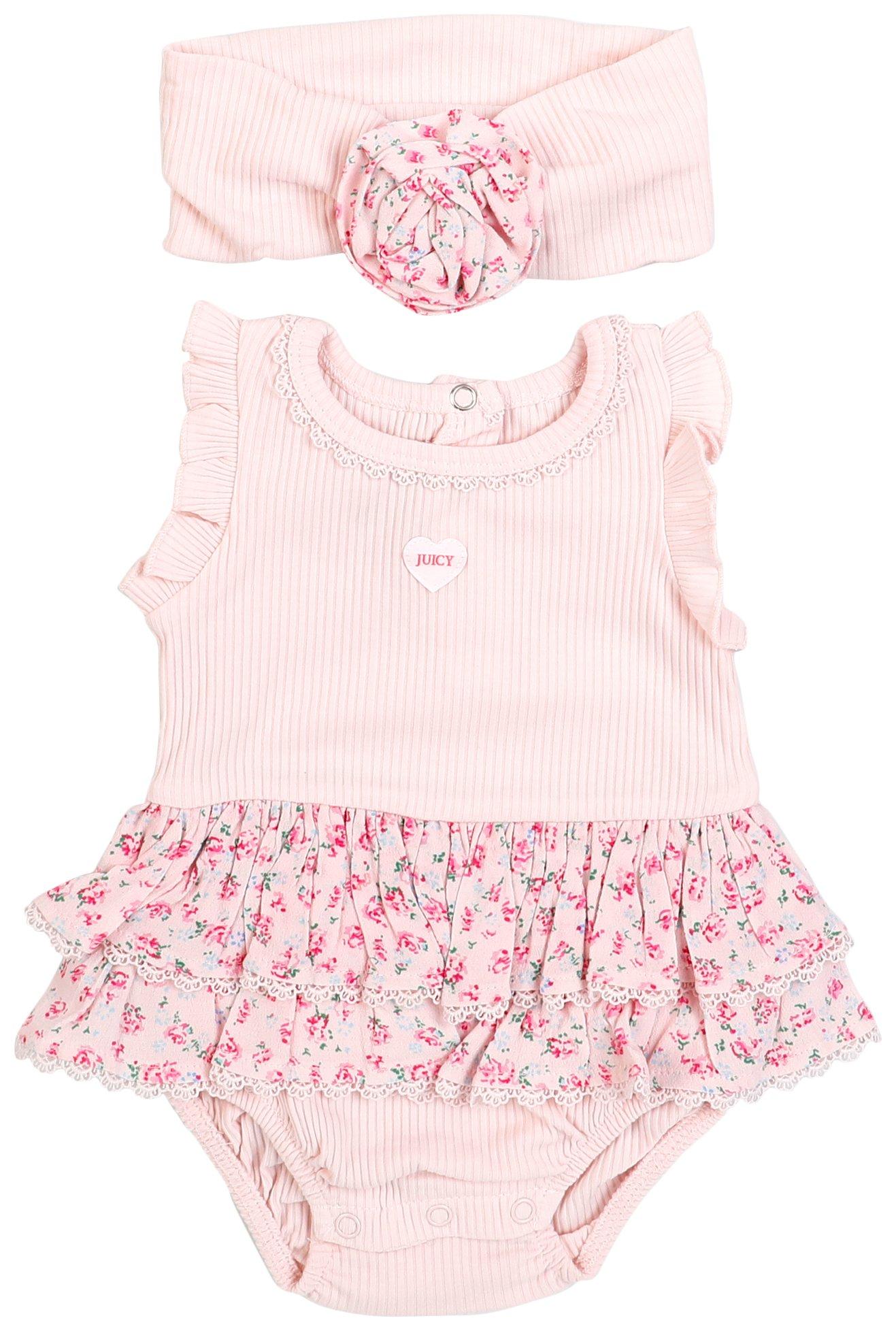 Juicy Couture Baby Girls 2 Pc Floral Romper with Headband