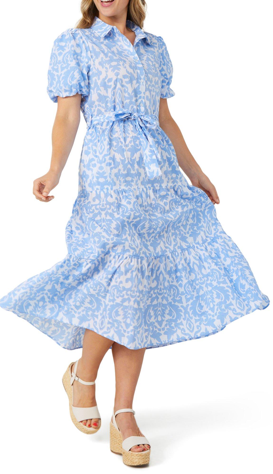 Ellen Tracy Womens Short Sleeve Print Shirt Dress