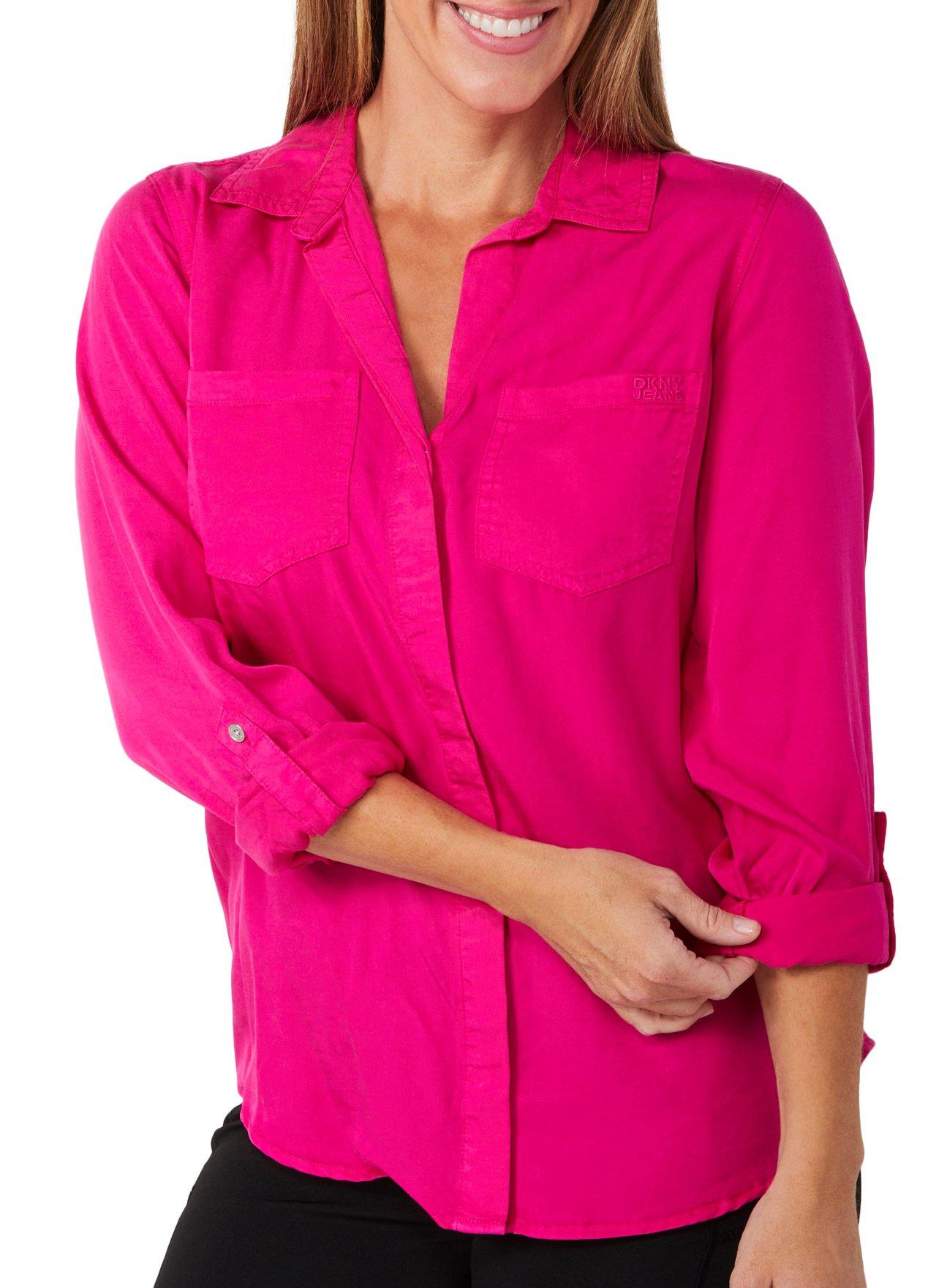 DKNY Womens Solid Long Sleeve Buttoned Top