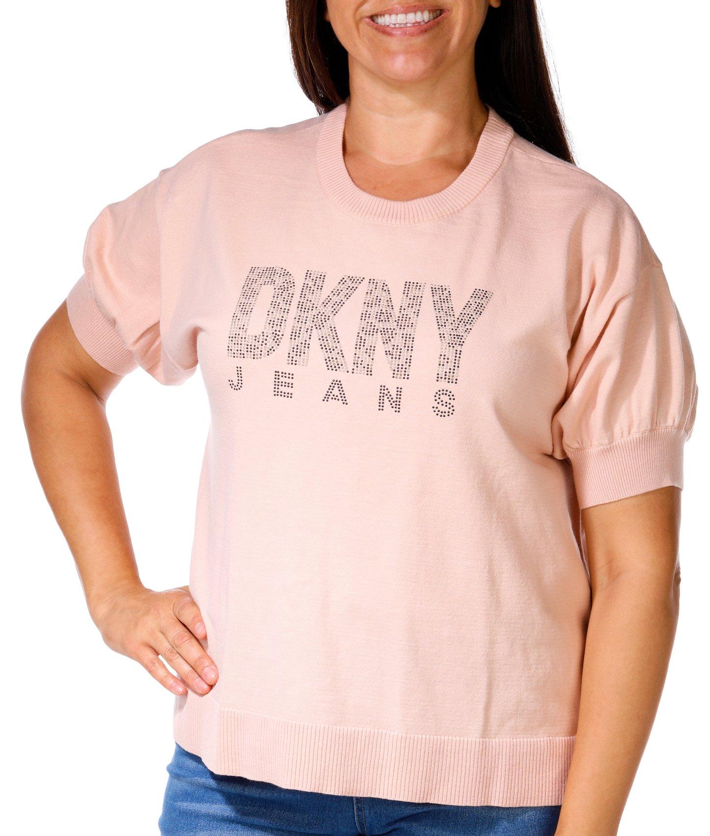 DKNY Plus Short Sleeve Beaded Logo Sweater Top