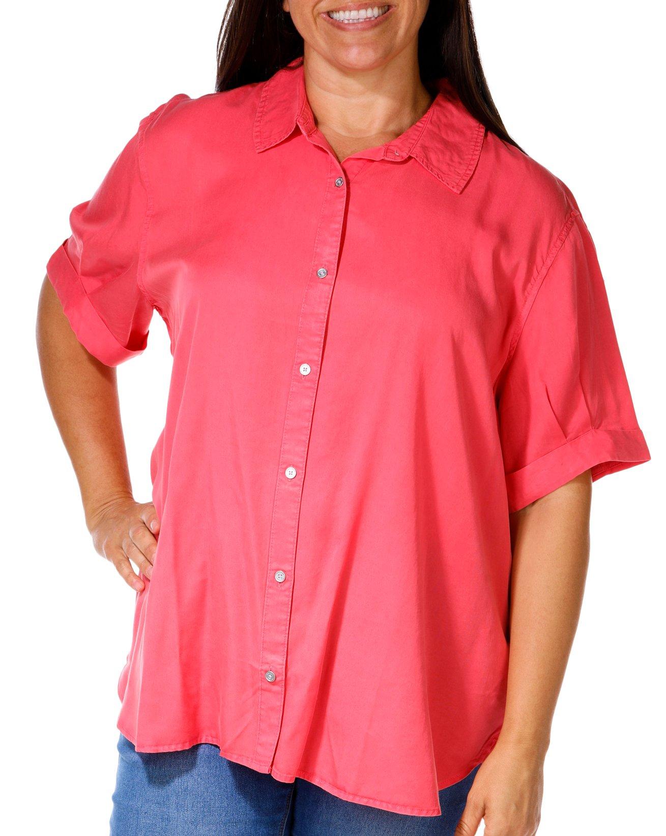 DKNY Plus Short Sleeve Solid Button Down Top