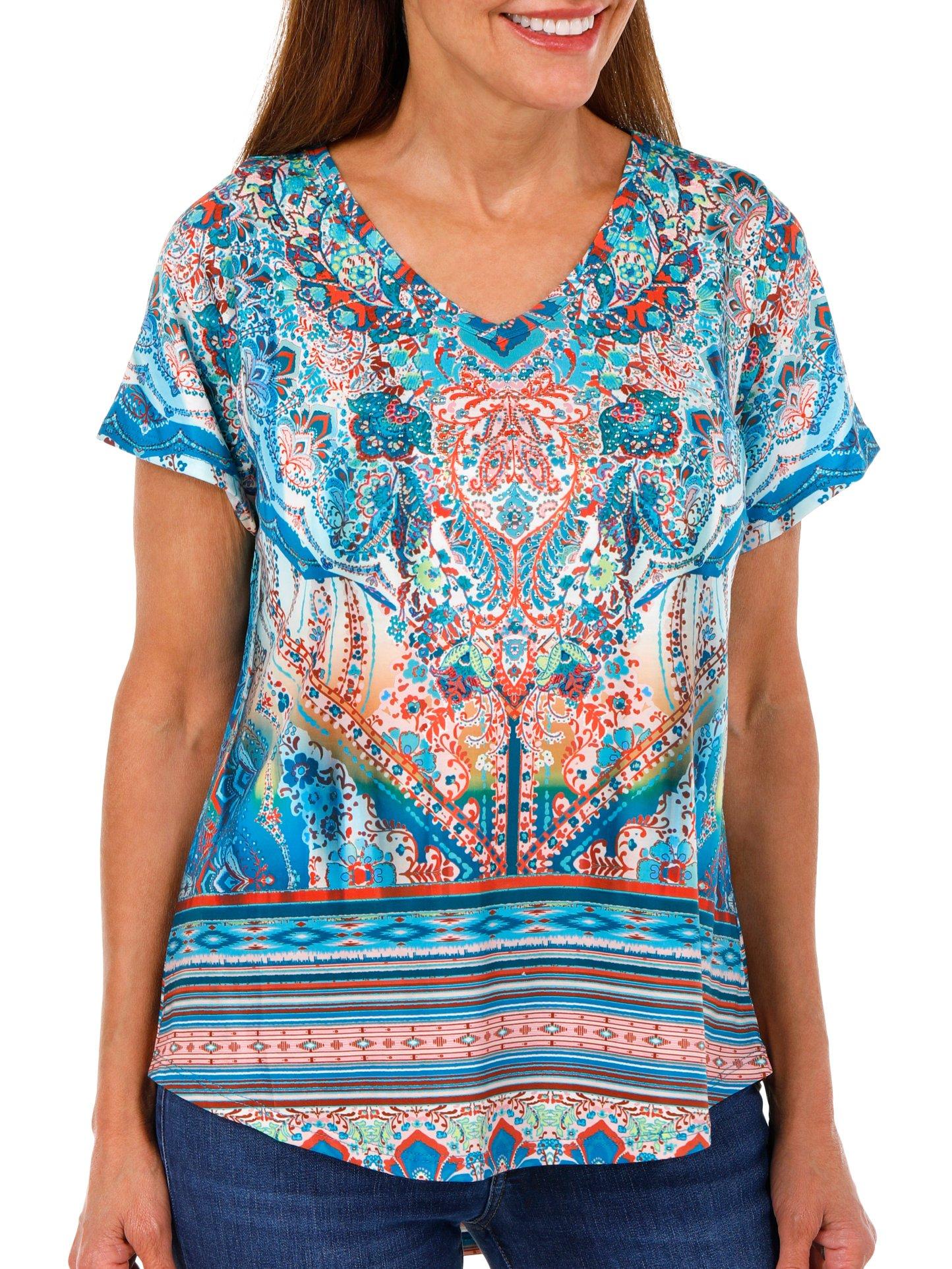 One World Women's Short Sleeve Boho Floral Top