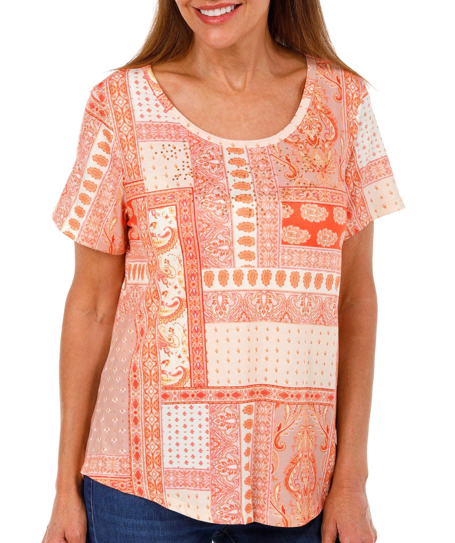 One World Women's Short Sleeve Paisley Top
