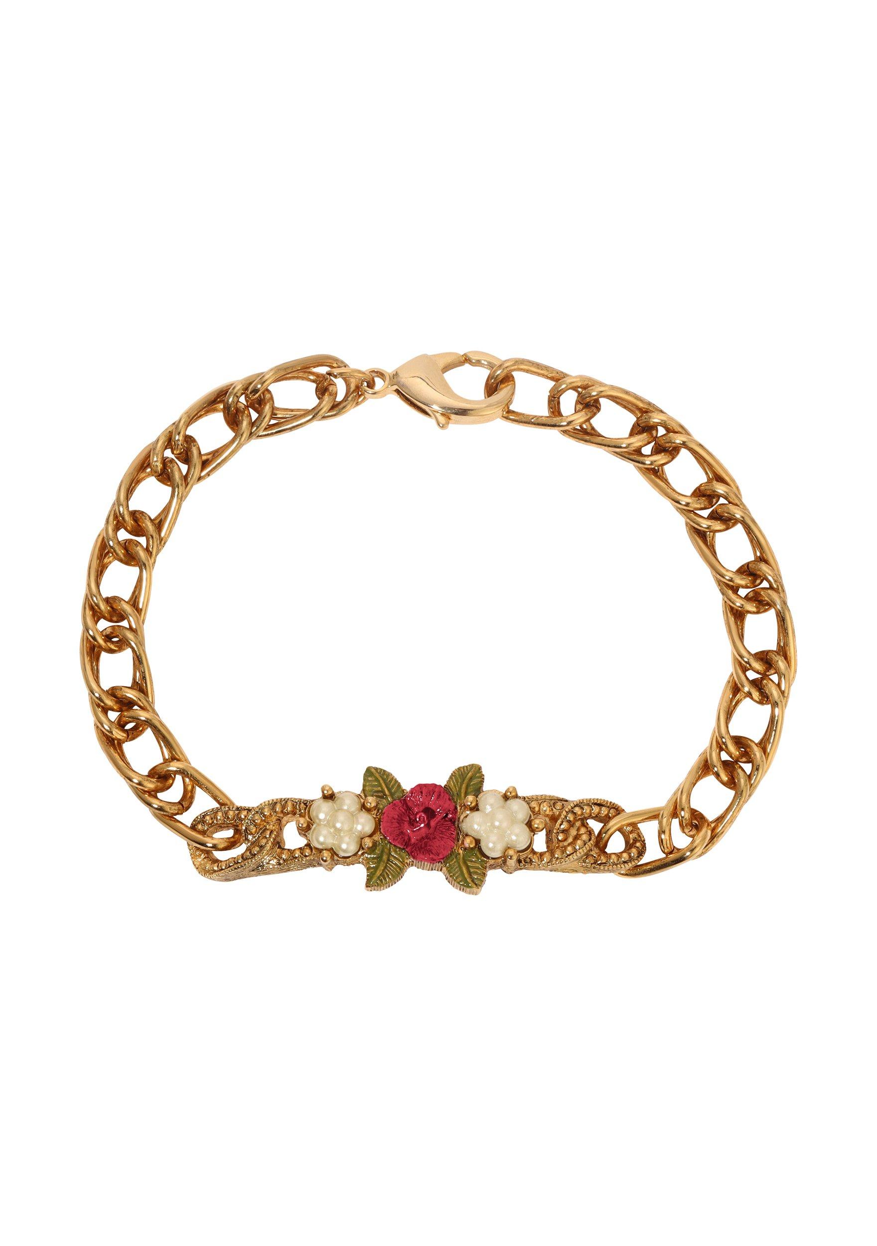 1928 Jewelry Faux Pearl Red Rose ID Bracelet