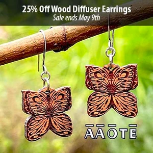 These earrings are lightweight, simply natural beauty. They’re also functional by applying a few drops of essential oil to the engraved wood focal to enjoy aromatherapy all day long.

The wood focals are made in our shop in Pennsylvania, USA, and are sourced from sustainably grown American hardwood. The engraved image derives from AAOTE's Tari Zarka's artwork. Variations in the wood's grain and color are natural distinctions making each piece unique.