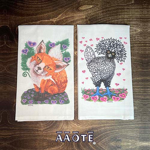 These lively tea towels make a great hostess or birthday gift, or self treat! They feature the original illustrations of Tari Zarka. No AI here, just hours and hours of love-lit labor!

The foodie designs are inspired by her own grown garden, created to inspire the good vibes eating well provide.

The animals are each an embodiment of a vibe that is here to remind us to either be love-lit, jovial, slow and mindful, and/or spunky and guarded when needed.

Printed in Bucks County, Pennsylvania on an imported, 100% cotton tea towels. 

Semi-decorative item. Requires cold water wash, and line dry for best artwork retention.