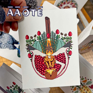 Fabulous, vibrant imagery printed on recycled stock. Envelope included. A2 size.

Artworks are the illustrations of AAOTE's founder, Tari Zarka.

Cards are blank on the inside. 

Back of Holiday Designs reads: "Bless us all with peace, joy, and love. May wellness be abundant."

Back of Polish Chicken reads: "Be True. Be Spunky. Be You."