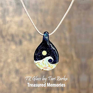 Beaches has evolved to now be available as a Treasured Memories cremains glass piece. In this renowned design I hide the ashes so only those in-the-know, know (they are within the layers of glass representing the water and wave).
Beaches glass art necklaces are created to help keep close healing water vibes, all year-long.
Each is made-to-order and will have it’s own unique character. Please allow 2-4 weeks for me to create and ship your order once I receive the ashes. I will email you an ashes submission form with instructions within 24 hours or so of your order being placed. Beaches has evolved to now be available as a Treasured Memories cremains glass piece. In this renowned design I hide the ashes so only those in-the-know, know (they are within the layers of glass representing the water and wave).
Beaches glass art necklaces are created to help keep close healing water vibes, all year-long.
Each is made-to-order and will have it’s own unique character. Please allow 2-4 weeks for me to create and ship your order once I receive the ashes. I will email you an ashes submission form with instructions within 24 hours or so of your order being placed.