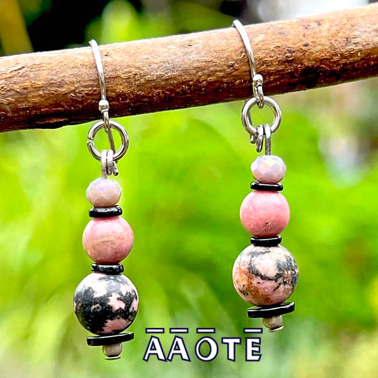Designed and assembled here at AAOTE these gemstone earrings are lightweight, easy to wear, and feature gem, glass, and metal beading.