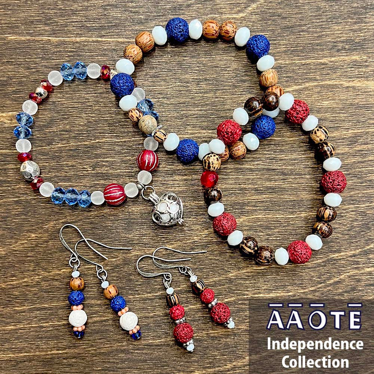 Our Independence Collection is a fun combo of red, white, and blue.

Comprised of our Lava Diffuser Aromatherapy Bracelets in Blue and White and Red and White, Lava Diffuser Aromatherapy Earrings in Blue and White and Red and White, and a Cage Diffuser Aromatherapy Bracelet in Stars and Stripes. Choose just one or go for a few. They look great together!