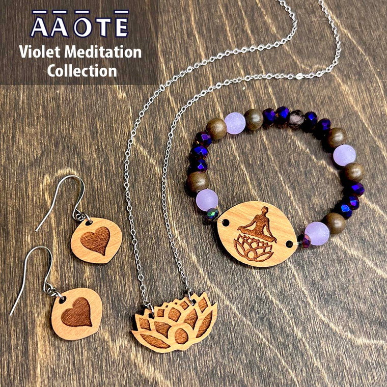 Our Violet Meditation Collection features a lovely violet palette.

Comprised of our Wood Diffuser Beaded Stretch Aromatherapy Bracelet in Lotus Meditation, Wood Diffuser Aromatherapy Earrings in Full Heart, and Wood Diffuser Aromatherapy Necklace in Lotus. Choose just one or go for a few. They look great together!