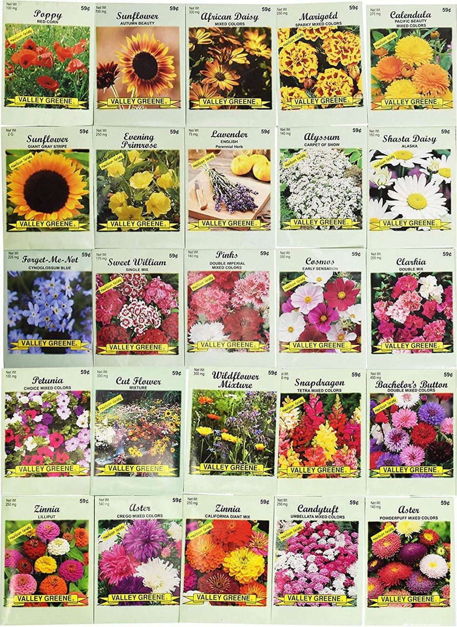 Set of 25 Flower Seed Packets Including 10 Or More Varieties Forget Me  Nots, Pinks, Marigolds, Zinnia, Wildflower, Poppy, Snapdragon and More
