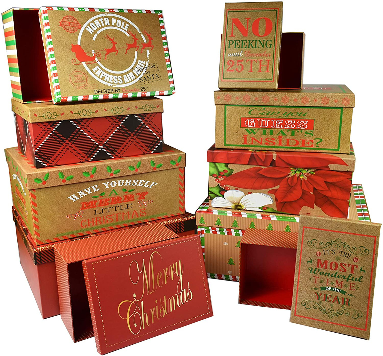 Set of 10 Holiday Nesting Gift Boxes - 10 Different Sizes - Perfect for  Preparing for The Holidays! - Largest Box Measures 7” x 4 3/4” x 2 3/4”