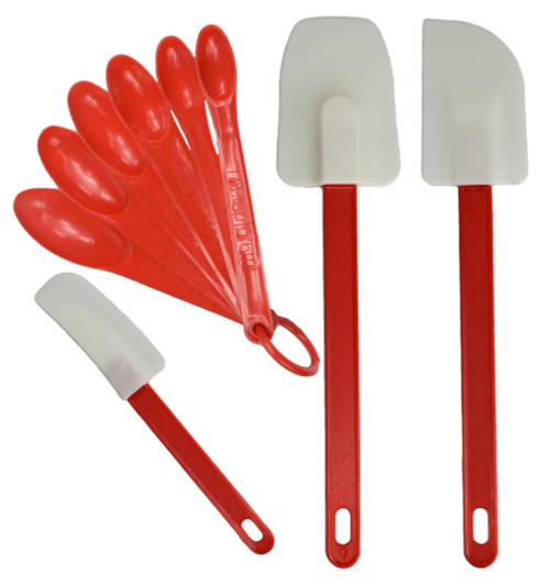 Assorted Rubber Spatula and Measuring Spoon Utensil Packs - Red, Blue, White, and Light Blue