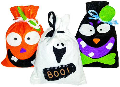 Set of Spooky Halloween Gift Bags, 8" x 5.5 Loot Bag - 3 Fun Designs W/Draw String