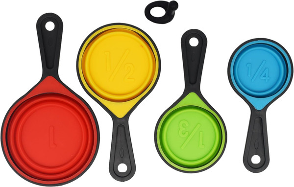 Set of Collapsible Silicone Measuring Cups - 4 Piece Sets - Fun Vibrant Colors with Easy to Read Measurements - Great for saving Storage Space