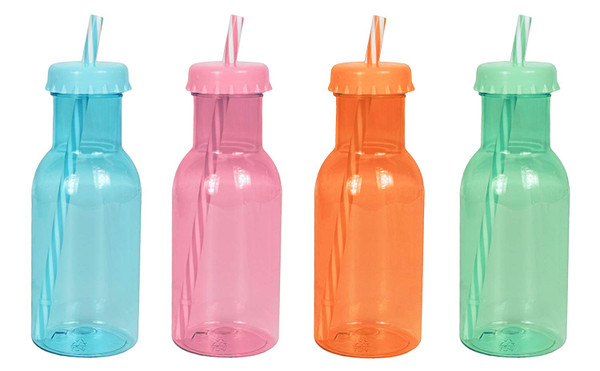 Set of 4 Reusable Bottles with Lids and Straws! 11.4oz - 350ml - Adorable Colors, Creative Design!