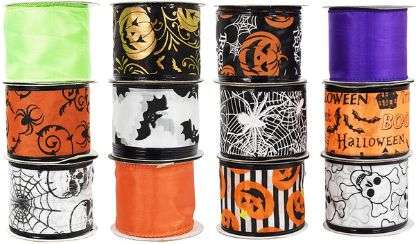 Set of Halloween Themed Ribbons - Skulls, Pumpkins, Spiders, Bats - Great for Spooky Crafts, Decorations, Teacher Projects and Daycares!