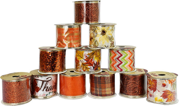 Set of Fall/Autumn Themed Wire Ribbons - Leaves, Pumpkin, Glitter, Acorns, Thanksgiving Theme - Great for Bringing The Season Inside The Classroom or Home