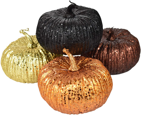 Set of Glittery Foam Pumpkins! Great for Halloween/Seasonal Decoration - Black, Brown, Gold, and Orange!