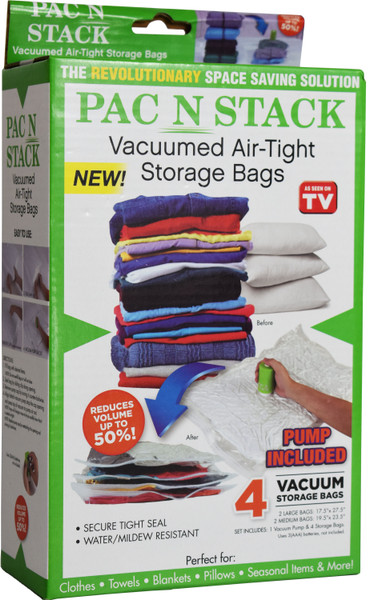 Pac N Stack Vacuumed Air-Tight Storage Bags - As Seen on TV - Reduce Volume by Up to 50%!