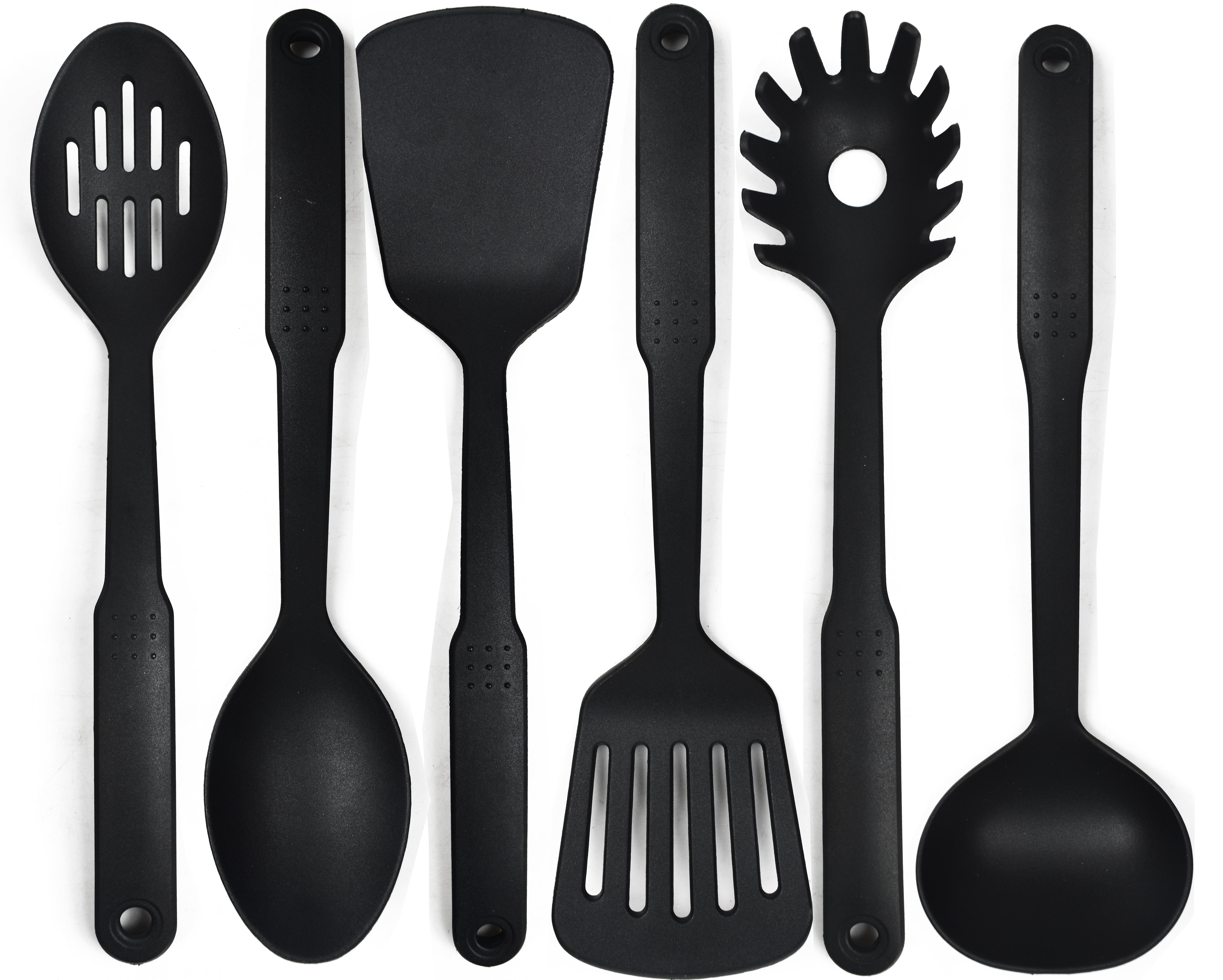 Set of Nylon Cooking Utensils - Slotted Spoon/Solid Spoon/Slotted  Spatula/Solid Spatula/Ladle/Pasta Fork - 11.75 to 12.5 - DIY Tool Supply