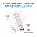 Eaton Tripp Lite PS-615-HGUSB 6-Outlet Medical-Grade Power Strip | USB Charging | Antimicrobial | 15 ft Cord
 | PS-615-HGUSB