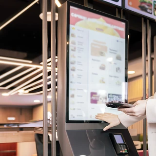 Customer using a self-service kiosk with an embedded payment reader